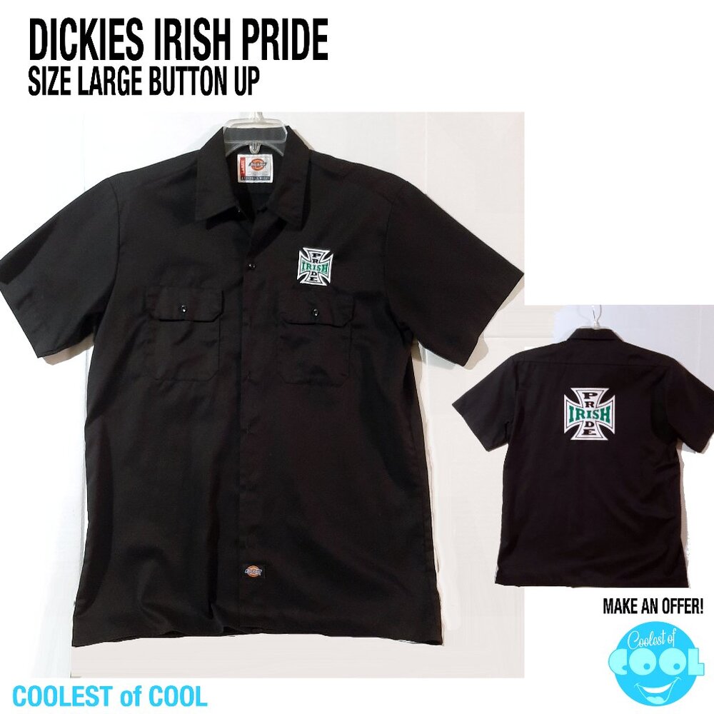 IRISH PRIDE Dickies work shirt men's size Large black button up embroidered